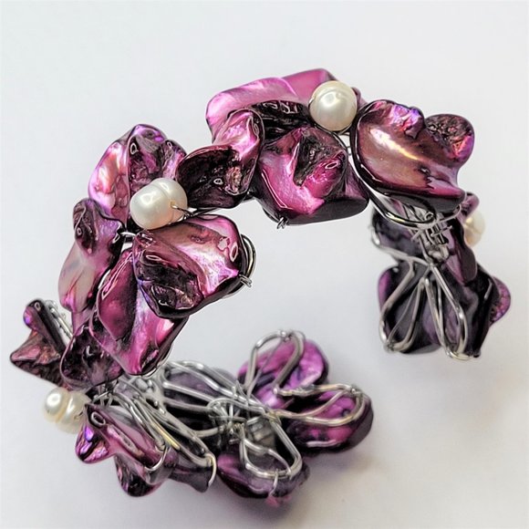 Dark Purple Pearl Adjustable Cuff Bangle Bracelet- NEW - Picture 6 of 13